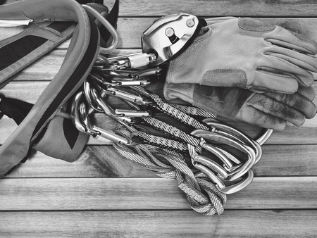 Rook Climbing Safety Equipment, Black and white photoの写真素材