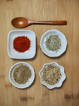 Korean spice powder Red pepper powder, Perilla powder, Pepper, Goshamsamの写真素材