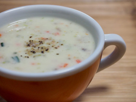 Vegetable soup and spoonsの写真素材