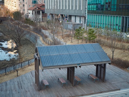 Rest facilities equipped with solar panels, koreaの写真素材
