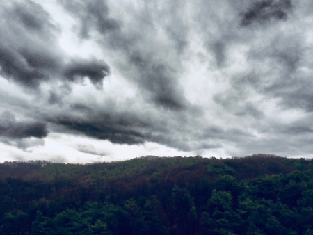 Rainy day The mountains and dark clouds of Korea's Cheongju cityの写真素材