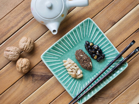 Korean traditional snacks Sweet Rice Puffs, Black sesame gangjeong, Peanut gangjeong