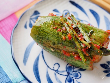 Korean food stuffed cucumber pickles, cucumber kimchi, Oi-so-bagiの写真素材