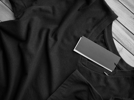 Black V-neck Short Sleeve T-shirt and clothing labelの写真素材