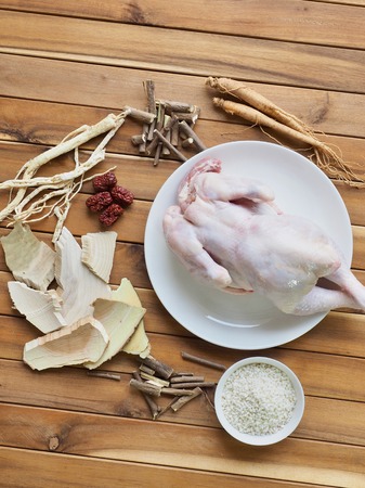 Korean food samgyetang, chicken soup with ginsengの写真素材