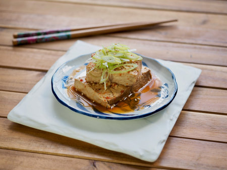 Asian food Tofu simmered in soy sauce, Dubu-jorim, Stewed tofu, Braised Tofu