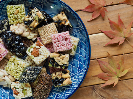 Korean traditional snacks Sweet Rice Puffs and Maple leaf, Gangjeong