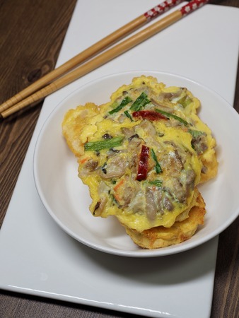 Korean style Egg mushroom pancakesの写真素材