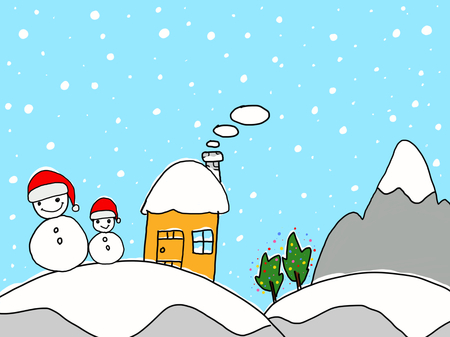 Snowman, house and mountainのイラスト素材