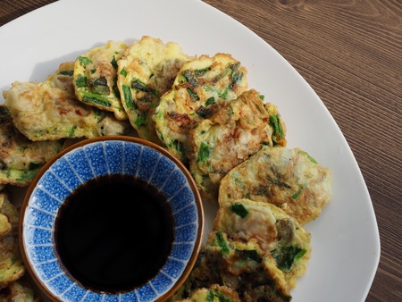 Korean food Oyster Pancake, gul jeonの写真素材