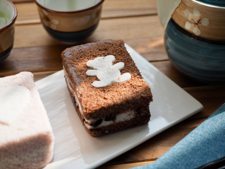 Korean food Choco rice cake and strawberry rice cake and green teaの写真素材