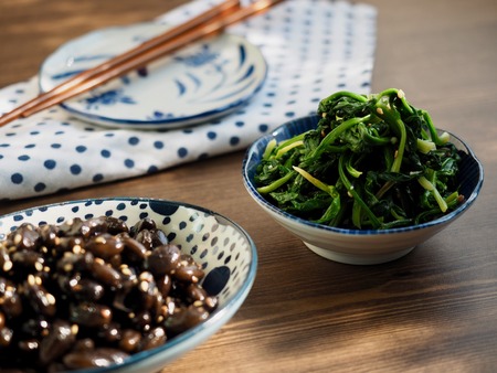 Korean side dishes Spinach seasoned and Simmered bean soy sauceの写真素材