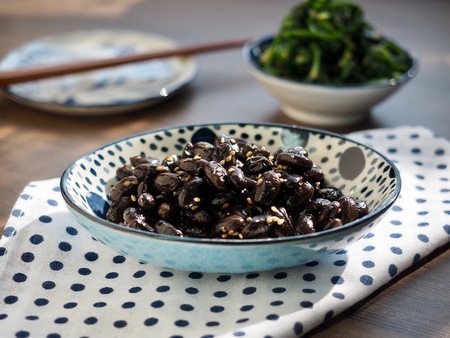 Korean side dishes Spinach seasoned and Simmered bean soy sauceの写真素材