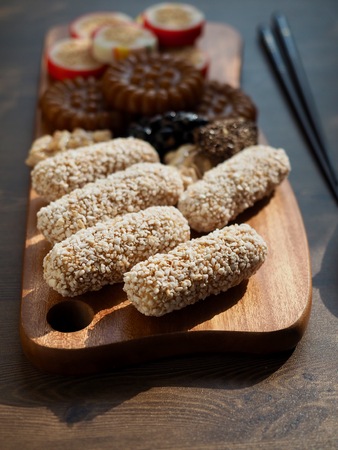 Korean traditional sweets and cookies, Yaksik, Gangjeong, puffed rice, candy, yugwaの写真素材