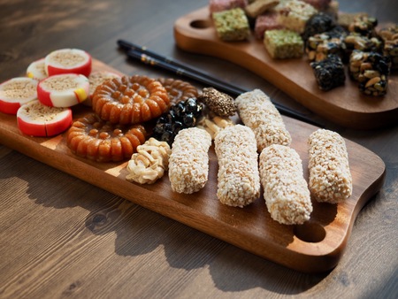 Korean traditional sweets and cookies, Yaksik, Gangjeong, puffed rice, candy, yugwaの写真素材