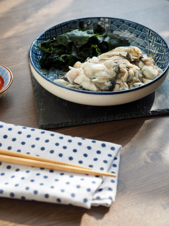 fresh Raw oyster and Seaweed