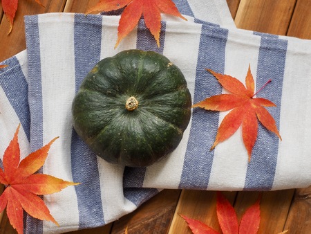 Korean sweet pumpkin and maple leafの写真素材