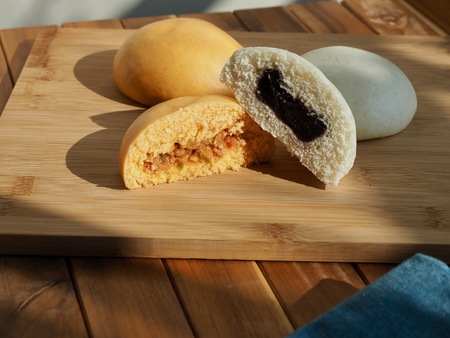 Asian food Steamed bun, steamed bun with red bean paste filling and pizza Steamed bunの写真素材