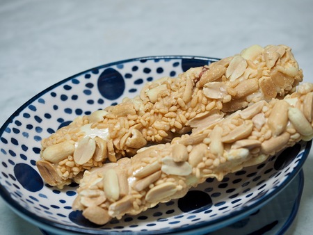 Korean food rice peanuts stick taffyの写真素材