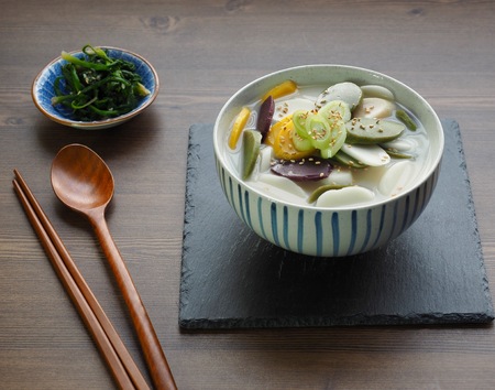 Korean food rice cake soup, tteokguk, Sliced ??Rice Cake Soupの写真素材
