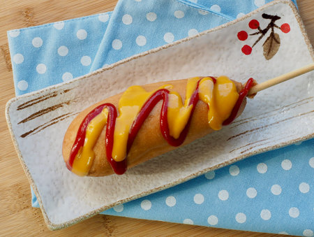 Ketchup and mustard sauce over hot dogs