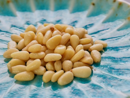 Pine nuts in a porcelain dishの写真素材