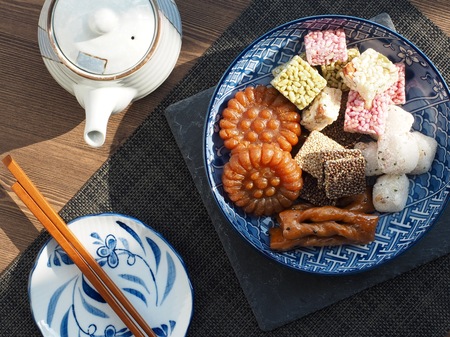 Korean traditional sweets and cookies,, yugwa, glutinous rice cake, gangjeongの写真素材