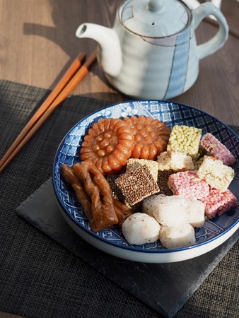 Korean traditional sweets and cookies,, yugwa, glutinous rice cake, gangjeongの写真素材