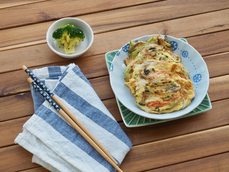 Korean style Egg mushroom pancakesの写真素材