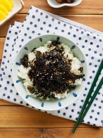 Korean food laver powder White rice and Kimchi and Pickled radishの写真素材