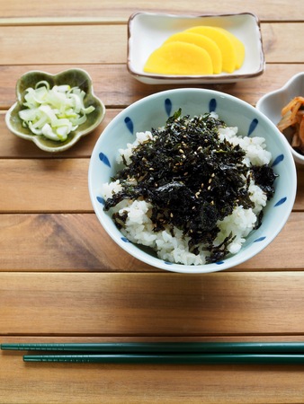 Korean food laver powder White rice and Kimchi and Pickled radishの写真素材