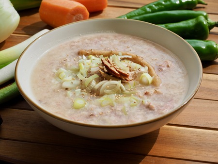 Korean food Chicken Rice Porridge and vegetable, min jukの写真素材