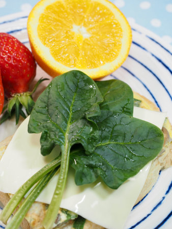 Spinach sandwich and fruitの写真素材