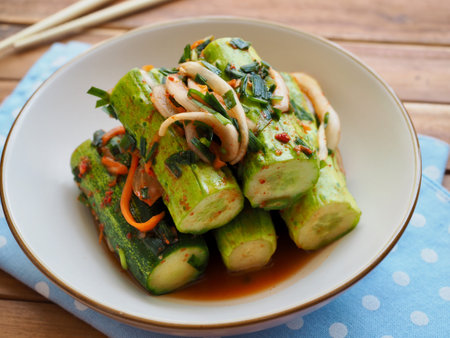 Korean food stuffed cucumber pickles, cucumber kimchi, Oi-so-bagiの写真素材