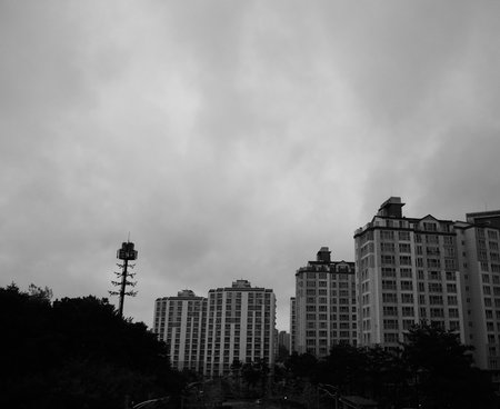 Landscape of Korea apartment in cloudy weather, Black and white photoの写真素材