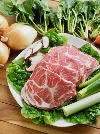 Korean food fresh pork meat, pork neck meat and vegetableの写真素材