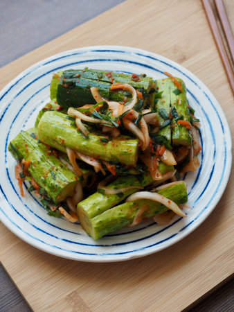 Korean food stuffed cucumber pickles, cucumber kimchi, Oi-so-bagiの写真素材