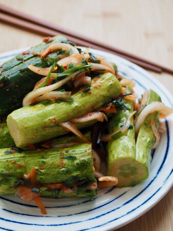 Korean food stuffed cucumber pickles, cucumber kimchi, Oi-so-bagiの写真素材