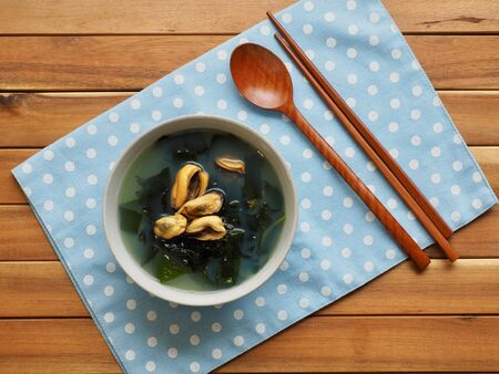 Korean food mussels seaweed soupの写真素材