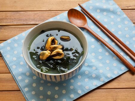 Korean food mussels seaweed soupの写真素材