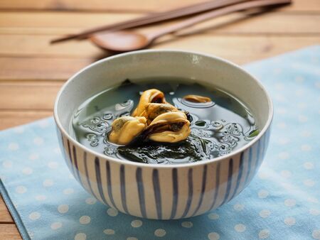 Korean food mussels seaweed soupの写真素材