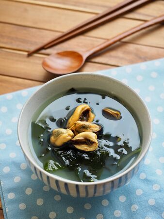 Korean food mussels seaweed soupの写真素材