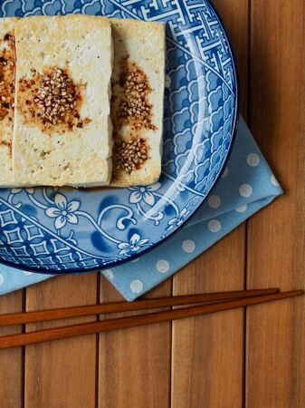 Asian food grilled tofu and soy sauceの写真素材