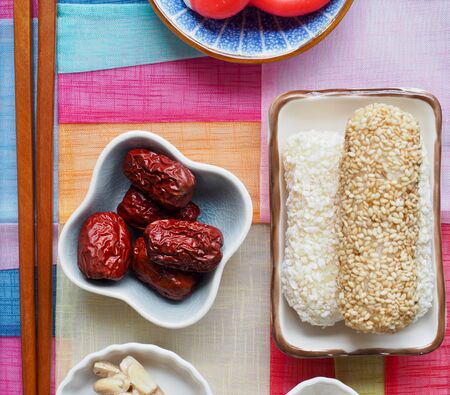 Korean traditional sweets and cookies,, yugwa, glutinous rice cake, gangjeong, Jujube, candy, rice cakeの写真素材