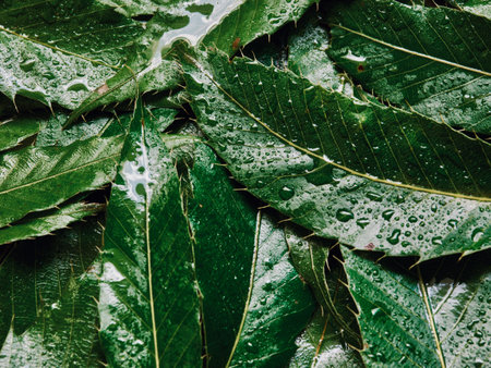Water drops on green foliage background