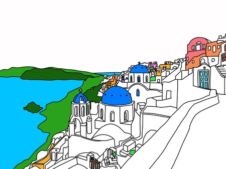 Greece Santorini Island Illustration, Drawing, coloringのイラスト素材