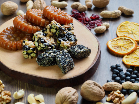 Korean traditional sweets and cookies and Nuts Mix, gangjeong, Yakgwa, Honey Cookie