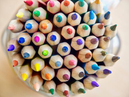 Colored pencils in glass bottlesの写真素材