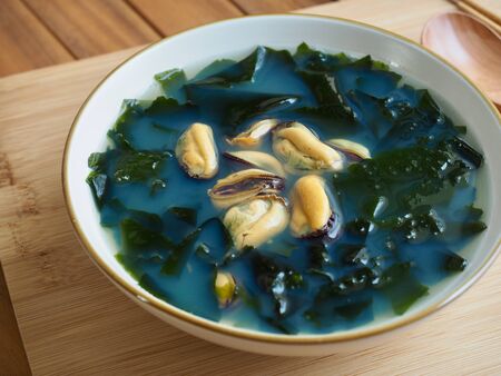 Korean food mussels seaweed soupの写真素材