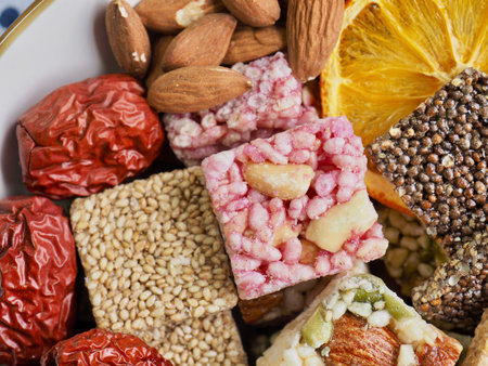 Korean traditional snacks Sweet Rice Puffs, Gangjeong and Nuts and Dried Orange and Jujube
